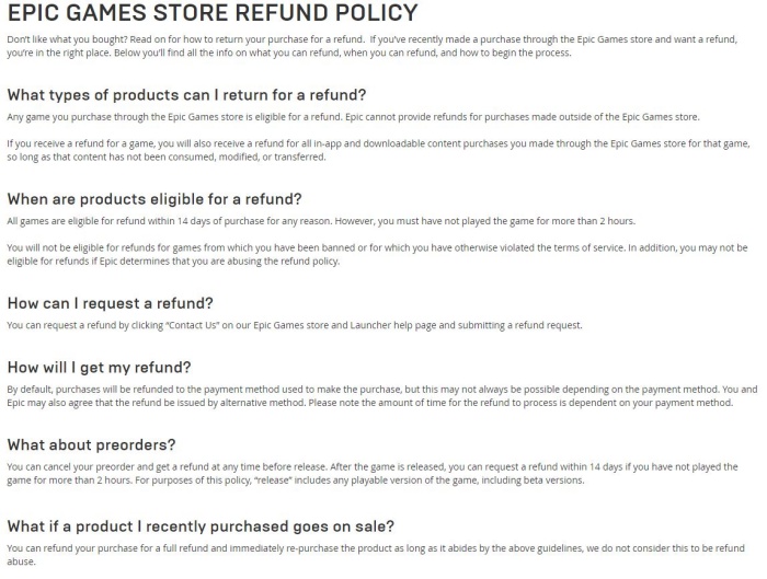 epic game store refund policy