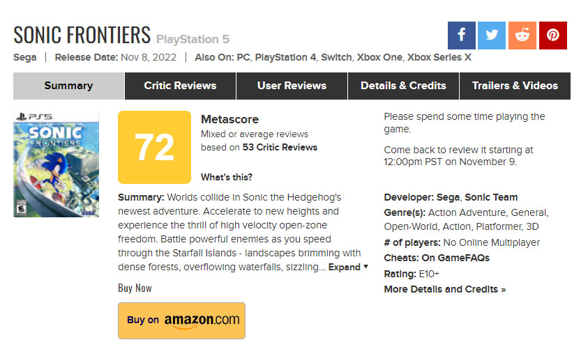 Thisisgame Thailand :: เปิดโผคะแนนรีวิว Sonic Frontiers จาก Metacritic