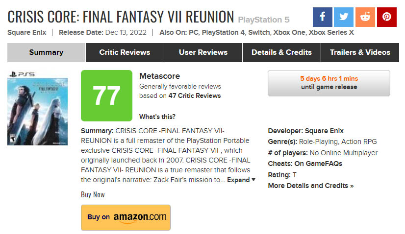 crisis core reunion ps5 metacritic